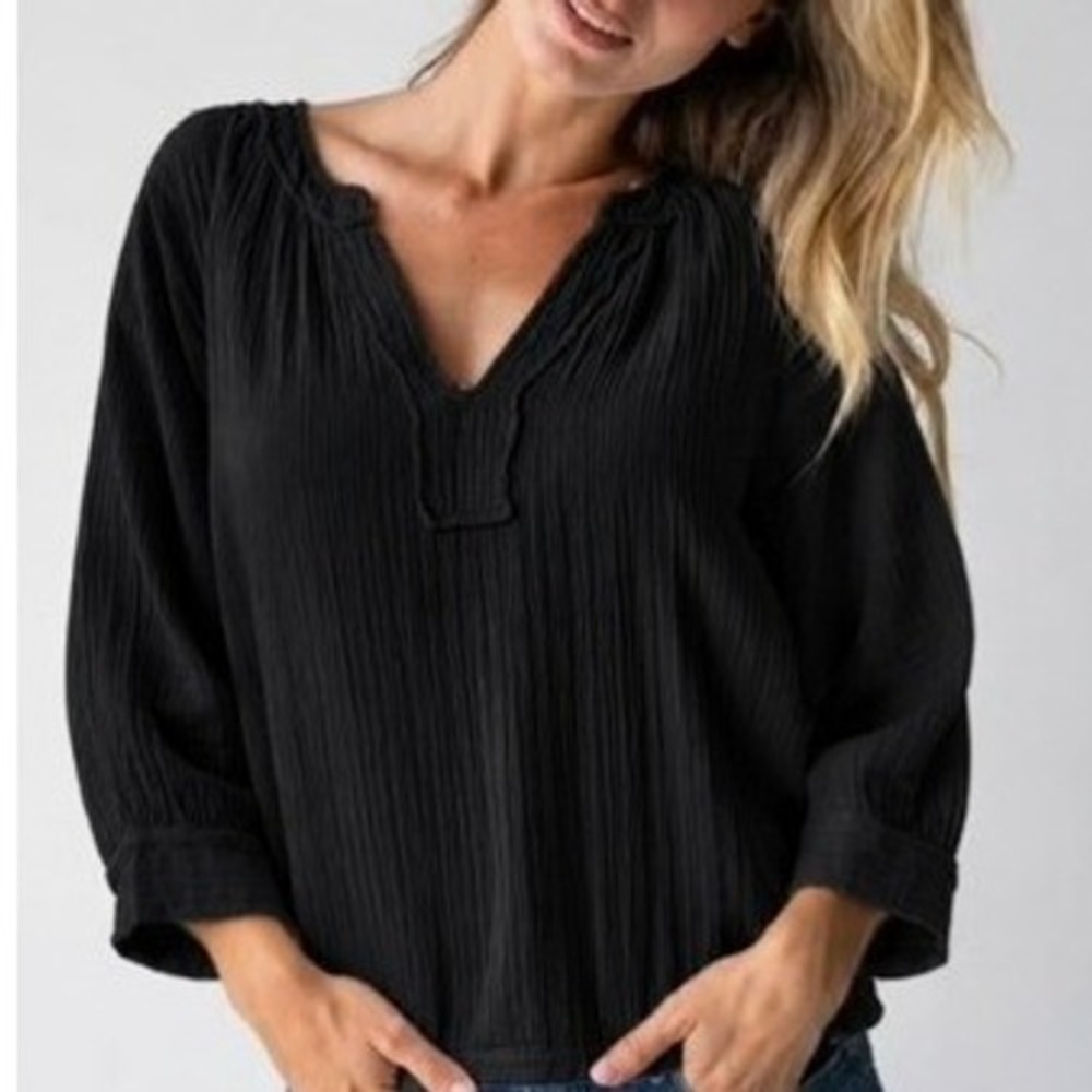 Natural Life Size M Top Robyn Double Gauze Cotton Fringe Split Neck Boho Blouse